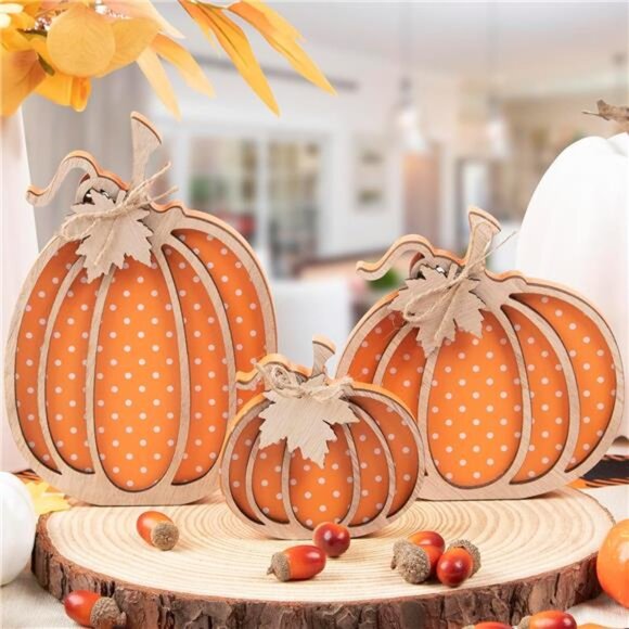 Wooden Autumn Pumpkin Fall Decor - Set of 3 Pumpkins for Shelf, Mantel, Table - Picture 2 of 7